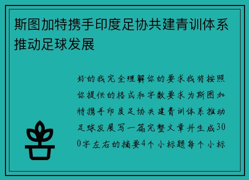 斯图加特携手印度足协共建青训体系推动足球发展 斯图加特携手印度足协共建青训体系推动足球发展